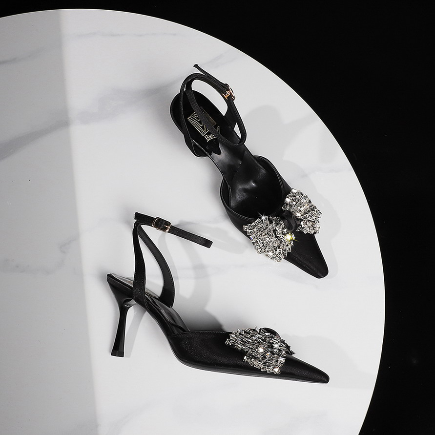 Women's Open Toe High Heel Sandals with Bow and Rhinestone Buckle Strap - European American Style