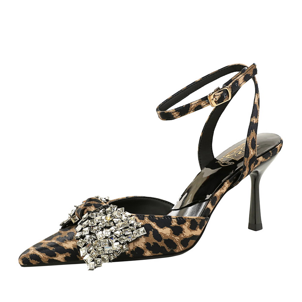 Women's Leopard Print Rhinestone Bow Pointed Toe High Heel Ankle Strap Sandals