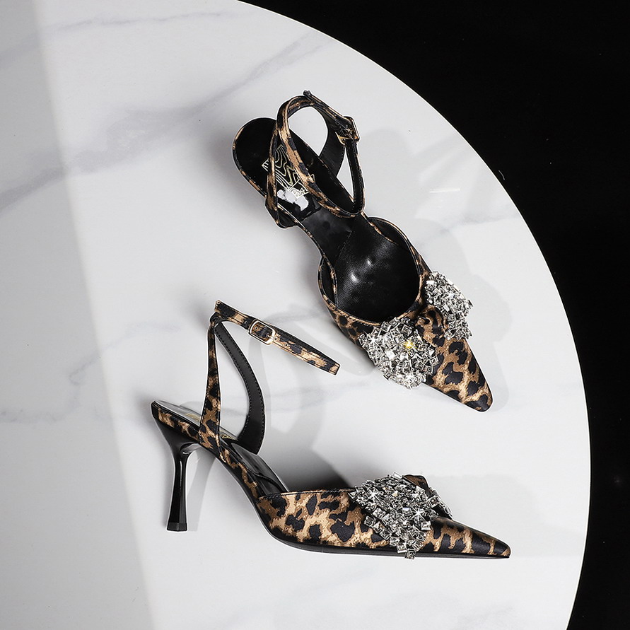 Women's Leopard Print Rhinestone Bow Pointed Toe High Heel Ankle Strap Sandals