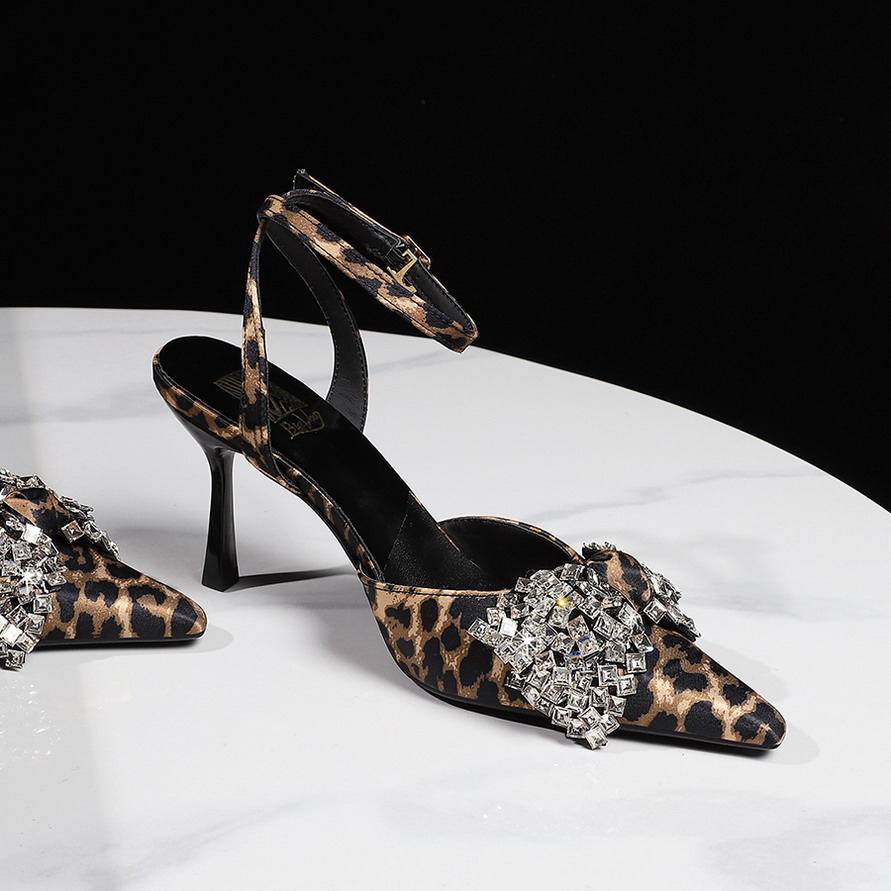 Women's Leopard Print Rhinestone Bow Pointed Toe High Heel Ankle Strap Sandals