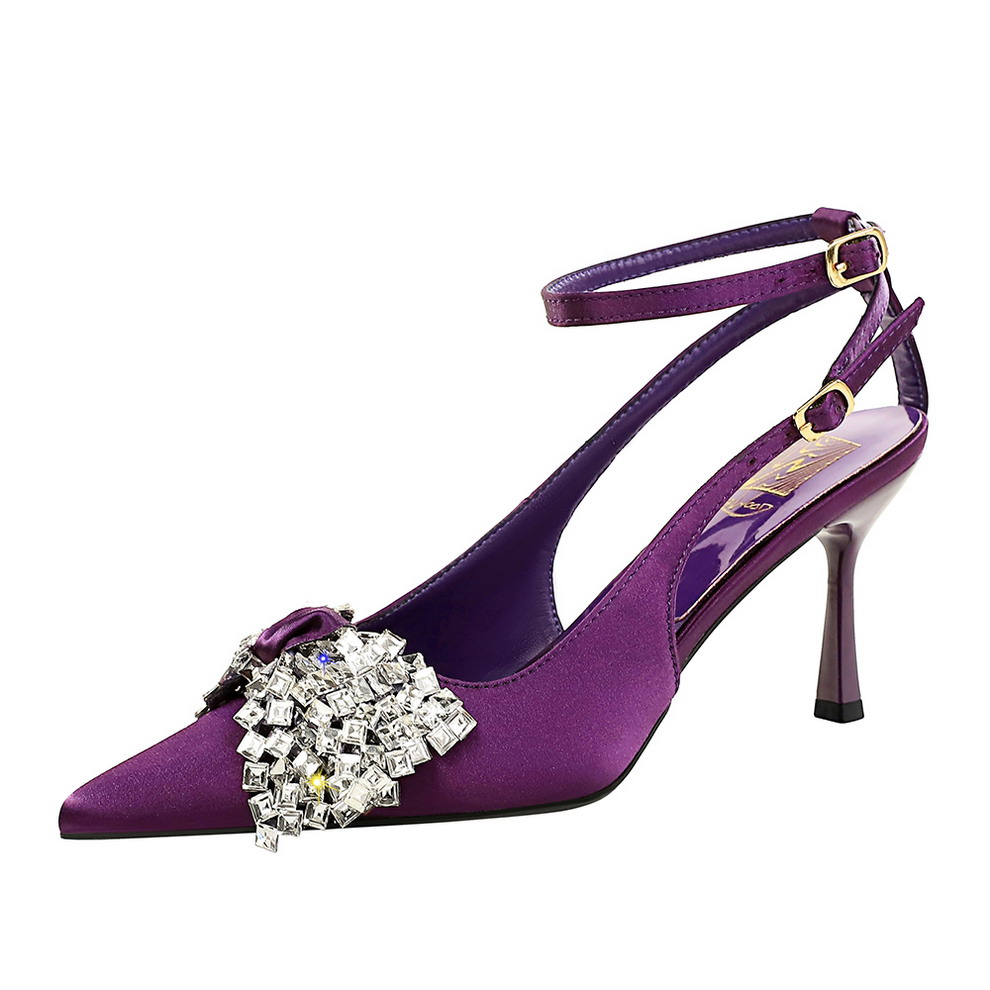 European American Style Sexy Banquet Double Buckle Rhinestone Bow Pointed Thin Heel Sandals for Women