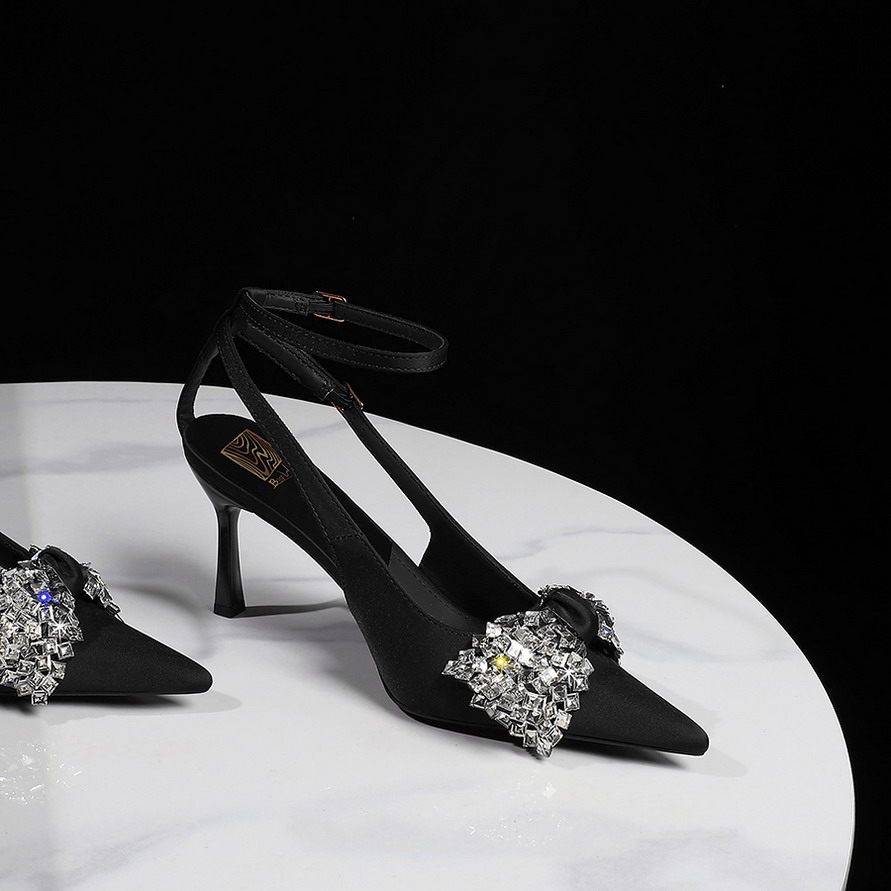 European American Style Sexy Banquet Double Buckle Rhinestone Bow Pointed Thin Heel Sandals for Women