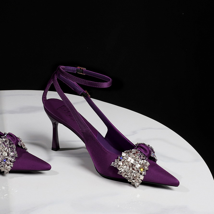 European American Style Sexy Banquet Double Buckle Rhinestone Bow Pointed Thin Heel Sandals for Women