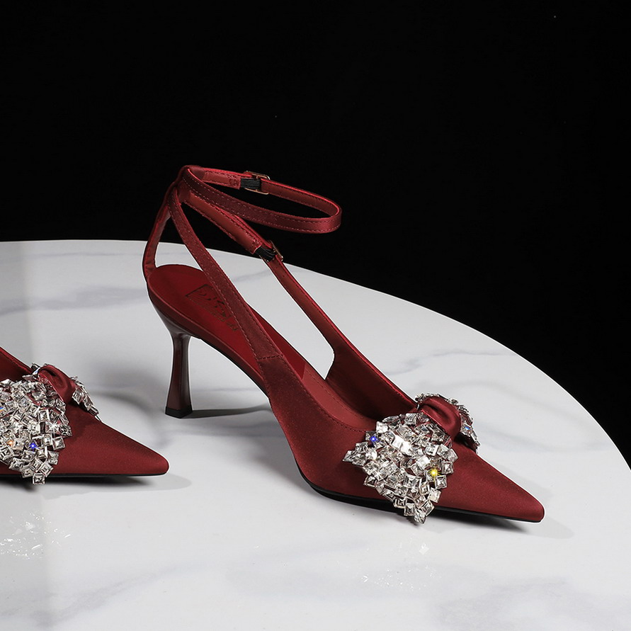 European American Style Sexy Banquet Double Buckle Rhinestone Bow Pointed Thin Heel Sandals for Women