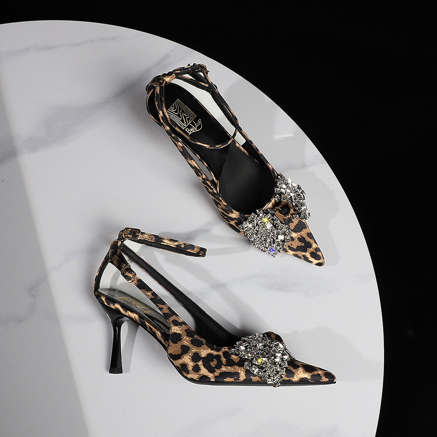 Women's Sexy Leopard Print Stiletto Heels with Crystal Bow Ankle Strap Sandals