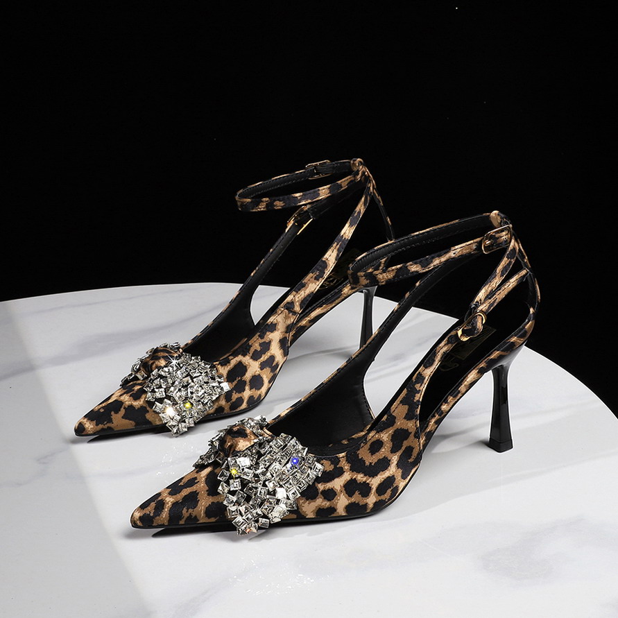 Women's Sexy Leopard Print Stiletto Heels with Crystal Bow Ankle Strap Sandals