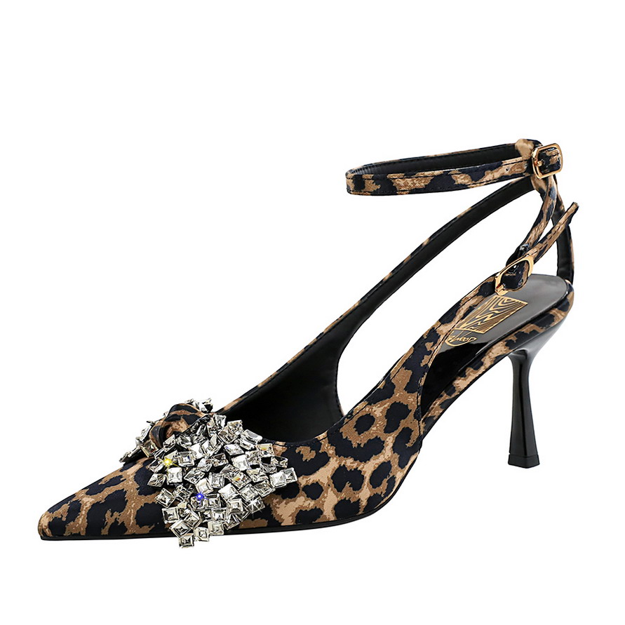 Women's Sexy Leopard Print Stiletto Heels with Crystal Bow Ankle Strap Sandals