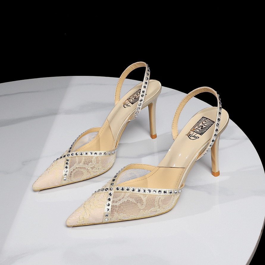 European American Style Lace Pointed Toe High Heel Sandals with Rhinestones and Hollow Back Strap for Women