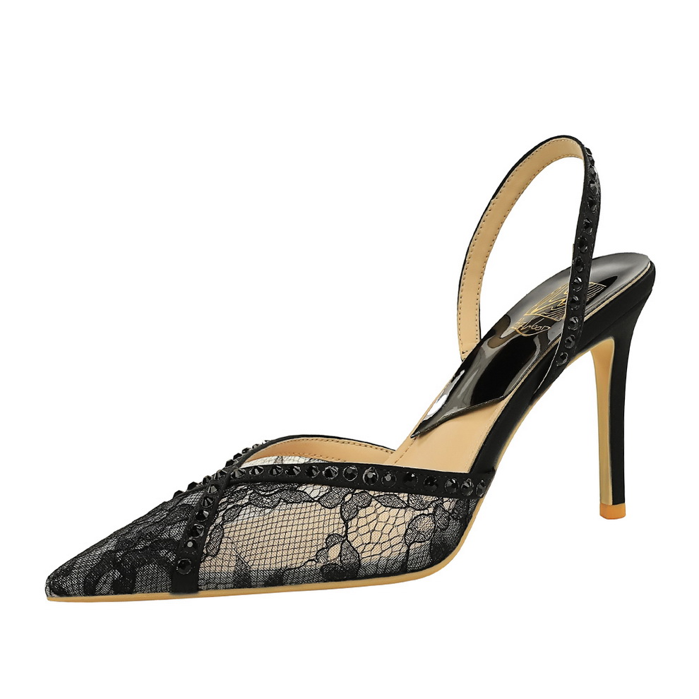 European American Style Lace Pointed Toe High Heel Sandals with Rhinestones and Hollow Back Strap for Women