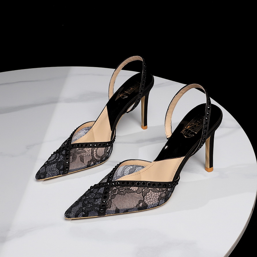 European American Style Lace Pointed Toe High Heel Sandals with Rhinestones and Hollow Back Strap for Women