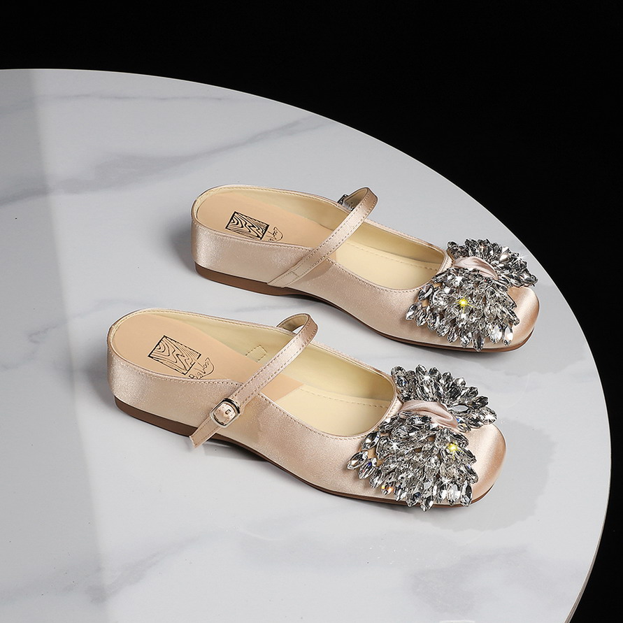 French Rhinestone Bow Satin Square Toe Comfortable Slippers for Women