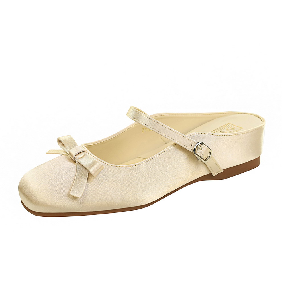French Style Sweet Bow Backless Half Slippers Square Toe Soft Sole Height Increasing Casual Sandals for Women