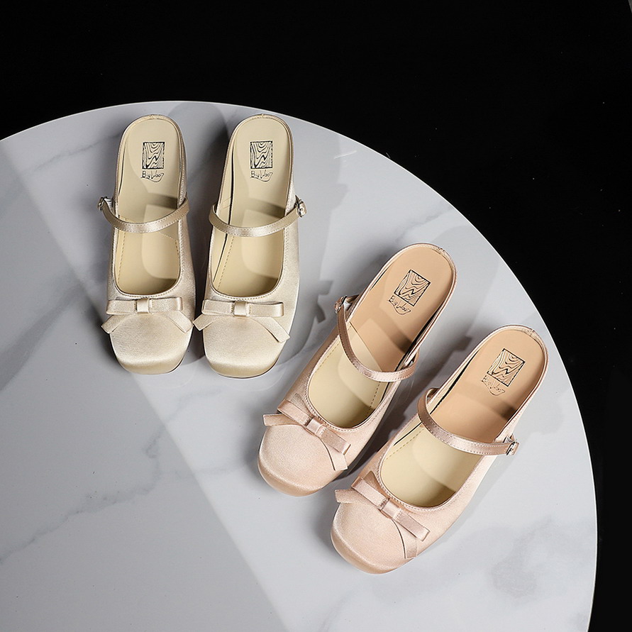 French Style Sweet Bow Backless Half Slippers Square Toe Soft Sole Height Increasing Casual Sandals for Women