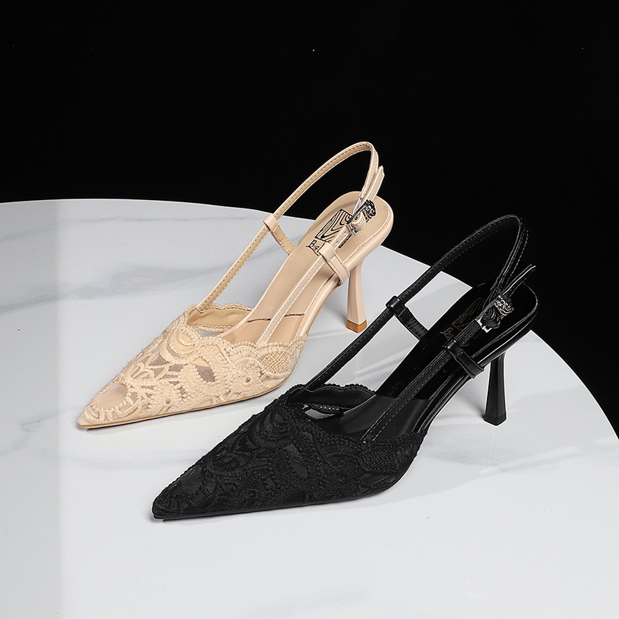 Korean Style Elegant Lace One-Strap Sandals Hollow Pointed Toe High Heels Shallow Mouth Thin Heel Chic Women's Shoes