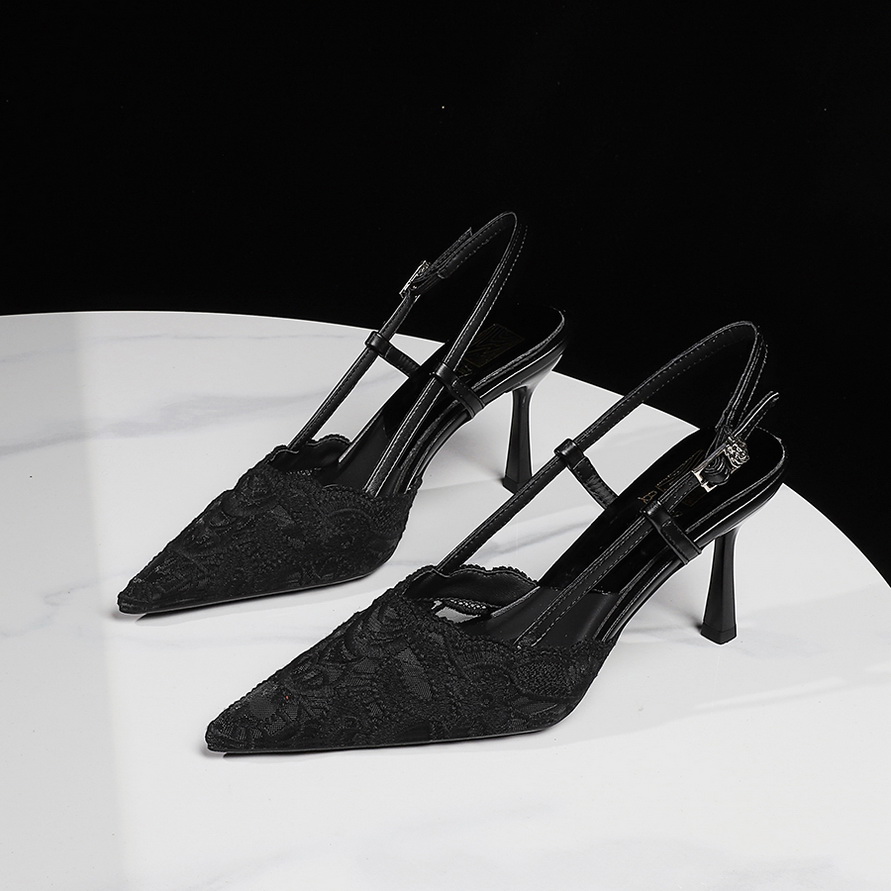 Korean Style Elegant Lace One-Strap Sandals Hollow Pointed Toe High Heels Shallow Mouth Thin Heel Chic Women's Shoes