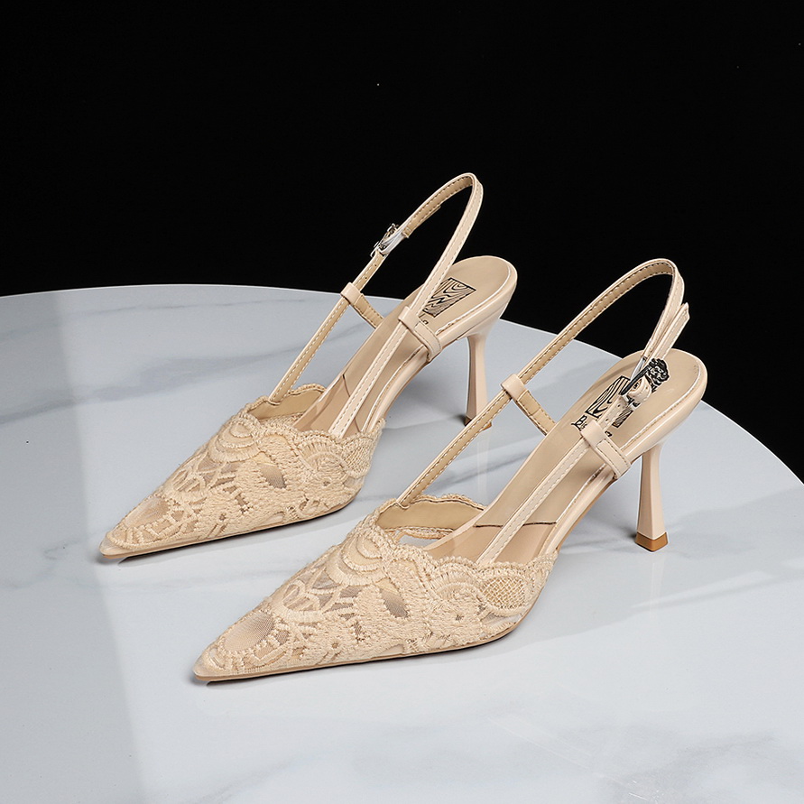 Korean Style Elegant Lace One-Strap Sandals Hollow Pointed Toe High Heels Shallow Mouth Thin Heel Chic Women's Shoes