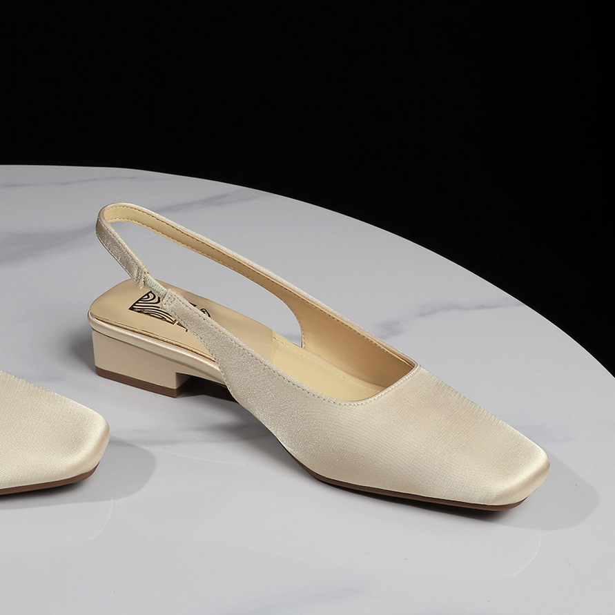 French Style Comfortable Open Back Strap Women's Square Toe Low Heel Satin Sandals