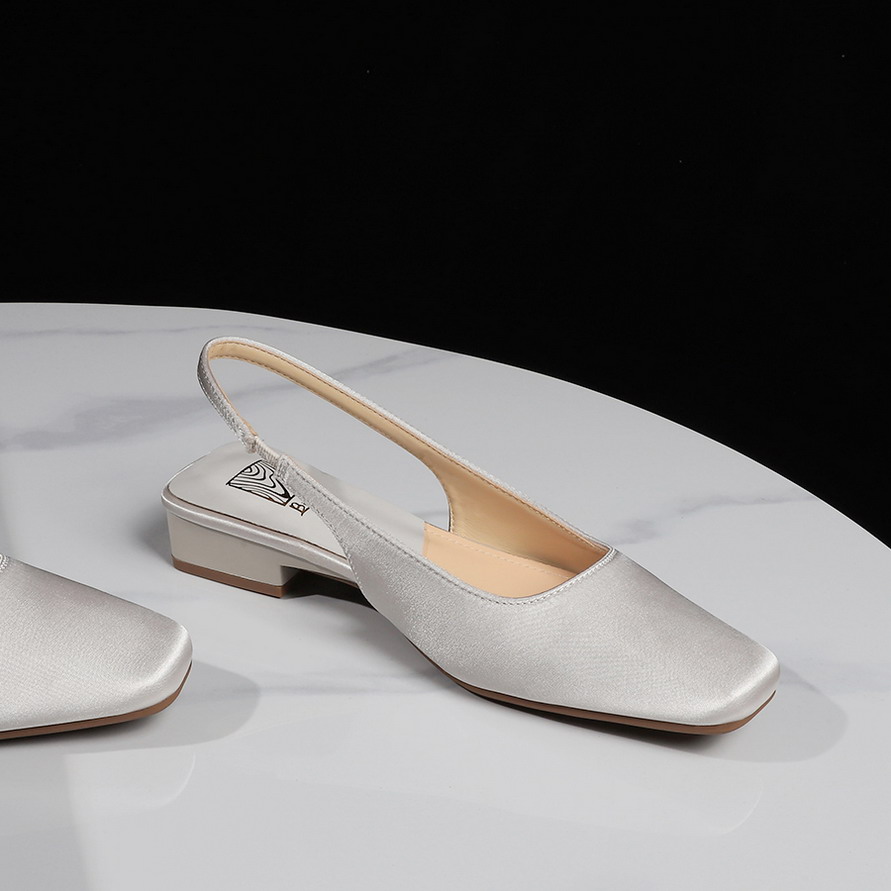 French Style Comfortable Open Back Strap Women's Square Toe Low Heel Satin Sandals