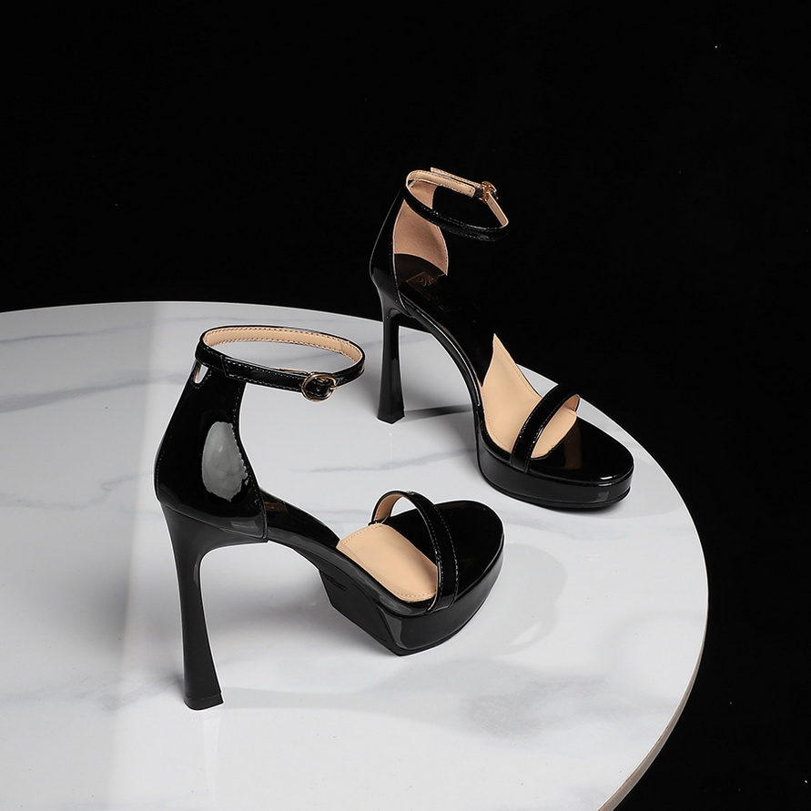 European American Style Patent Leather High Heel Sexy Women's Hollow Out Thin Heel Open Toe Ankle Strap Platform Sandals