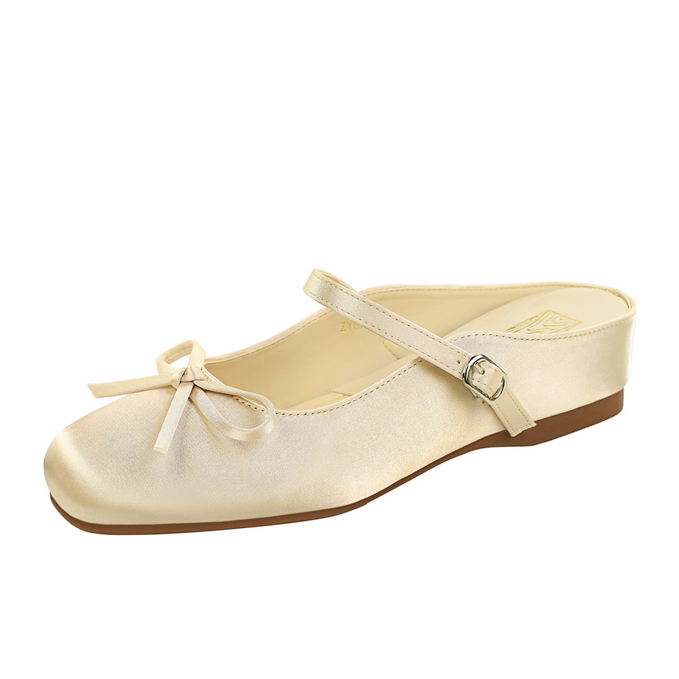 French Style Elegant Bow Sweet Square Toe Slingback Comfortable Shallow Mouth Slippers for Women