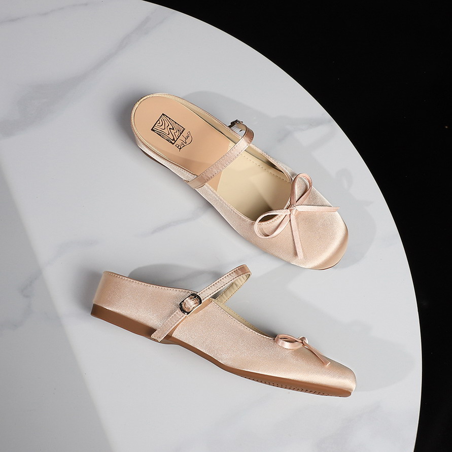 French Style Elegant Bow Sweet Square Toe Slingback Comfortable Shallow Mouth Slippers for Women