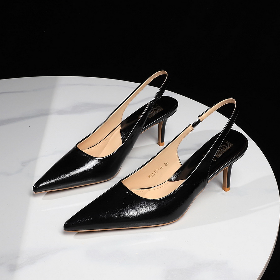 European Style Banquet Pointed Toe Slip-On Heeled Sandals for Women - Thin Heel Open Back Metal Strap Professional Shoes
