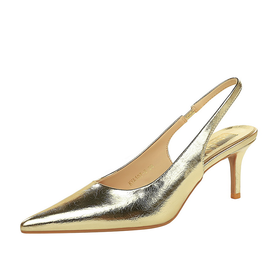 European Style Banquet Pointed Toe Slip-On Heeled Sandals for Women - Thin Heel Open Back Metal Strap Professional Shoes