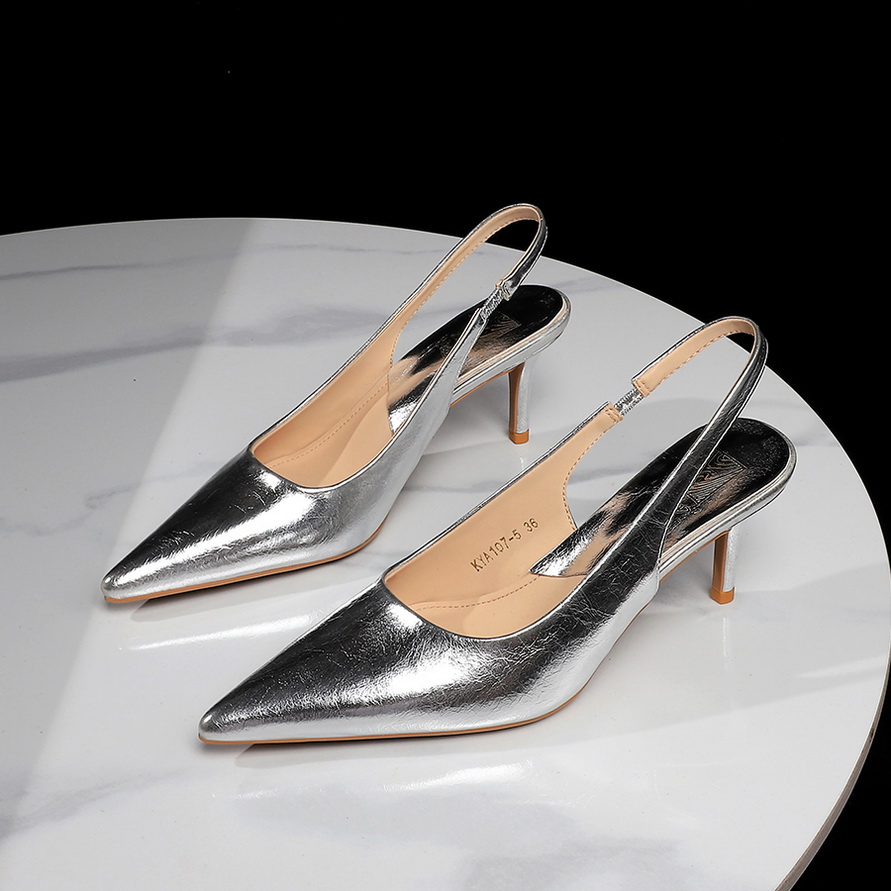 European Style Banquet Pointed Toe Slip-On Heeled Sandals for Women - Thin Heel Open Back Metal Strap Professional Shoes