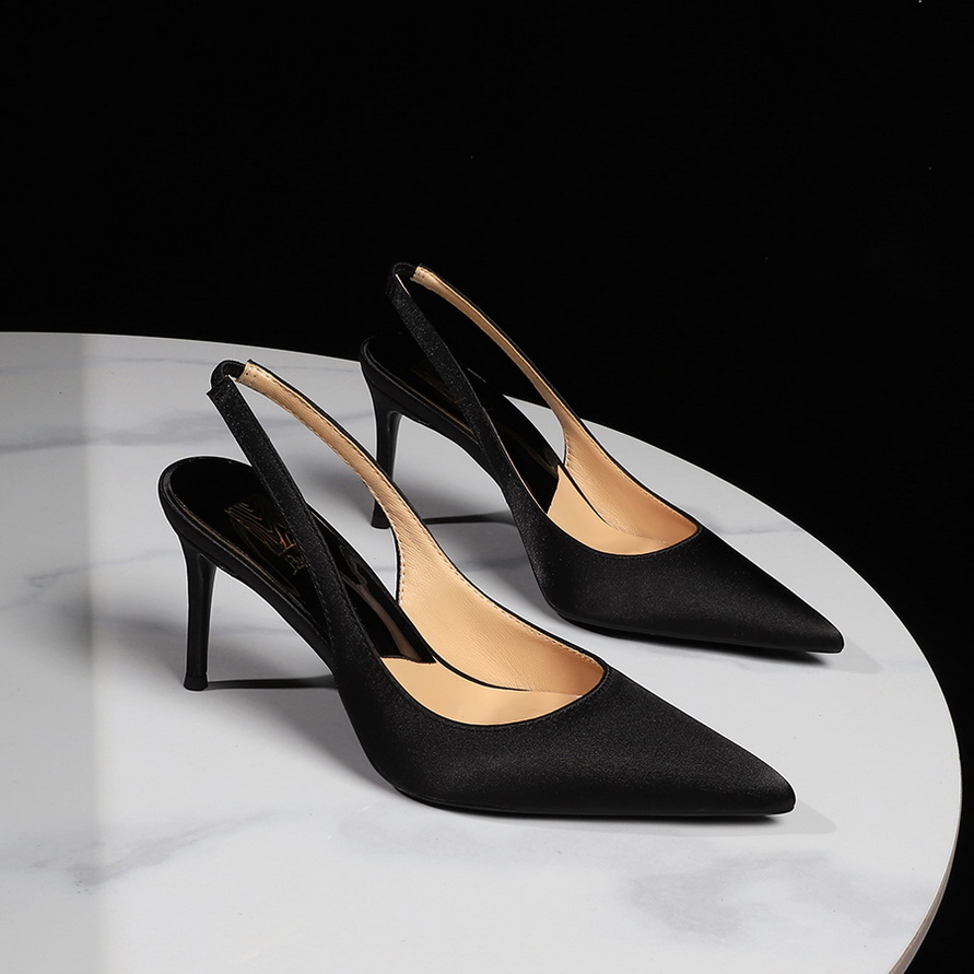 French Style Pointed Toe High Heel Satin Women's Shoes with Back Strap, Open Toe, Slip-On, Elegant Hollow Design