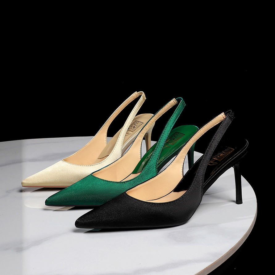 French Style Pointed Toe High Heel Satin Women's Shoes with Back Strap, Open Toe, Slip-On, Elegant Hollow Design