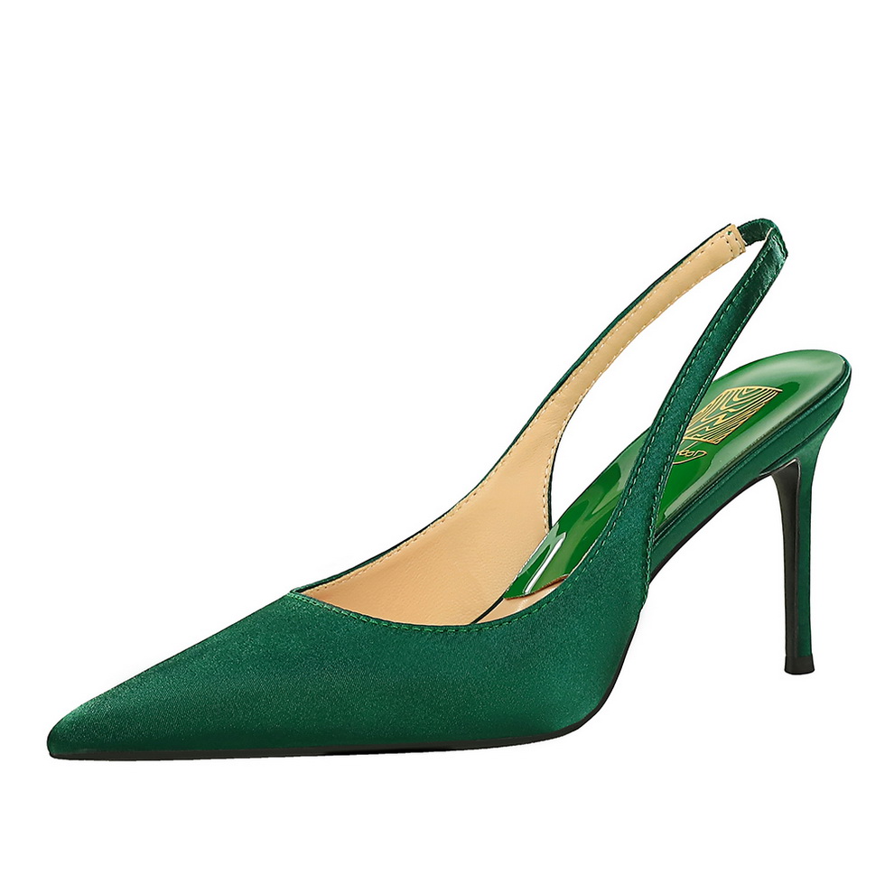 French Style Pointed Toe High Heel Satin Women's Shoes with Back Strap, Open Toe, Slip-On, Elegant Hollow Design